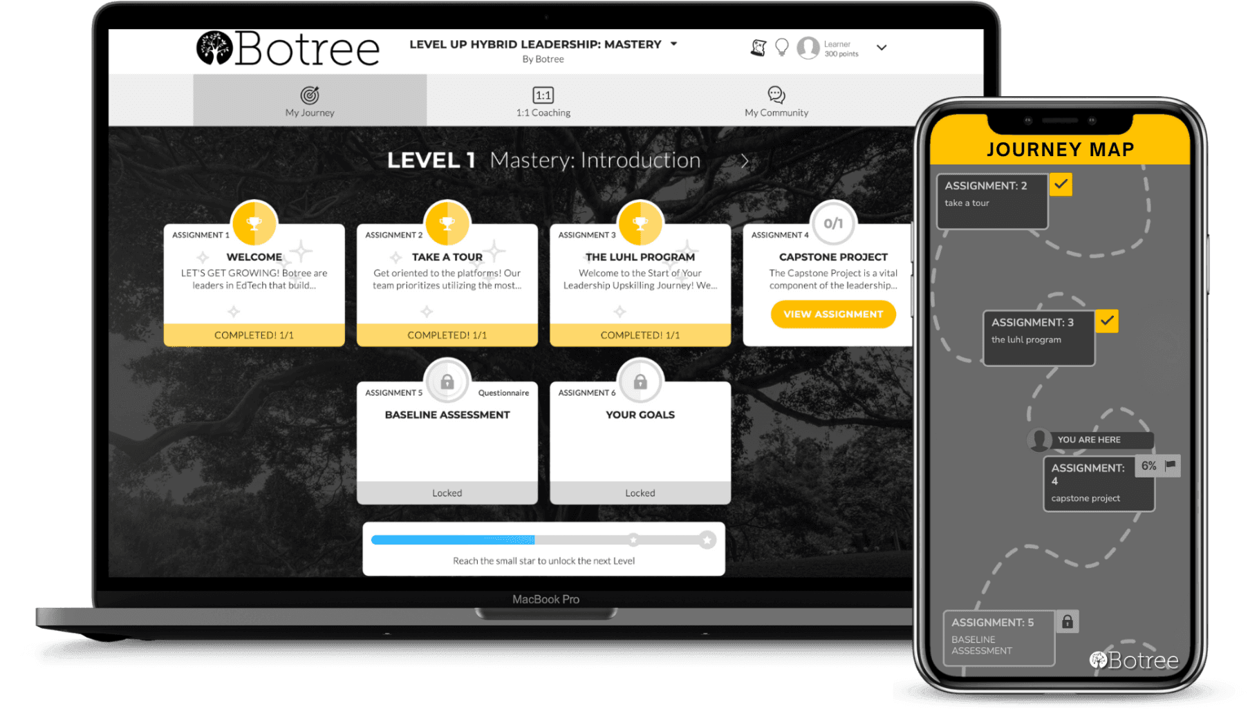 The Level Up Hybrid Leadership course on the Botree learning platform, on a laptop and a phone: Level 1 assignment cards and a journey map that tracks progress.